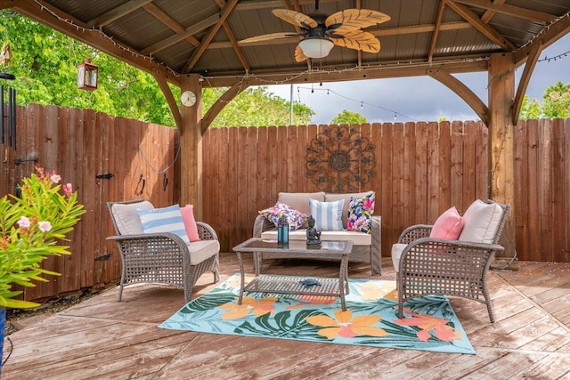7597 Terra Linda Way, Redding, CA 96003 - view of patio featuring a gazebo, a wooden deck, fence, a ceiling fan, and an outdoor living space