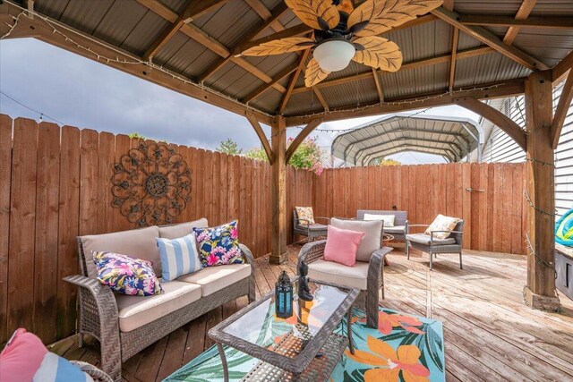 7597 Terra Linda Way, Redding, CA 96003 - wooden terrace with outdoor lounge area, a fenced backyard, ceiling fan, and a gazebo