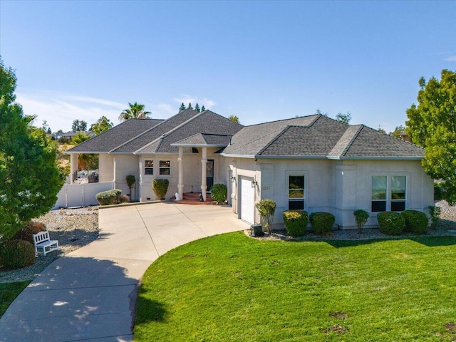 1235 Chandon Ct, Redding, CA 96003 - view of front of property featuring driveway, a front lawn, a garage, roof with shingles, and stucco siding