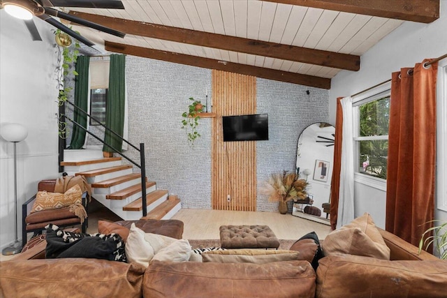 19697 Old Indian Trl, Redding, CA 96003 - living room featuring a ceiling fan, wood finished floors, wooden ceiling, and stairs