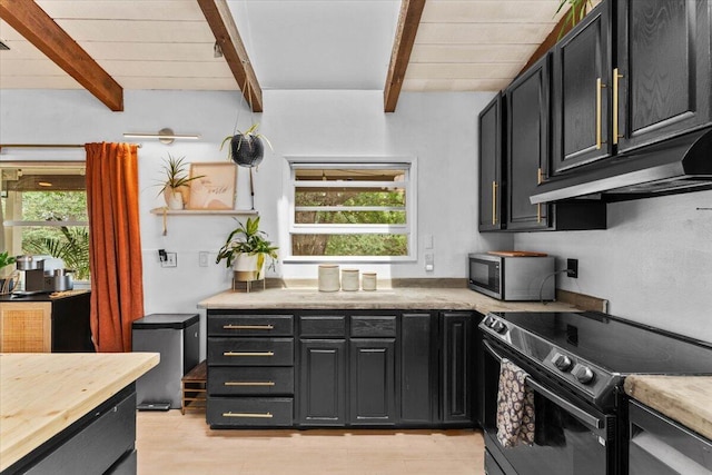 19697 Old Indian Trl, Redding, CA 96003 - kitchen featuring black range with electric stovetop, under cabinet range hood, stainless steel microwave, dark cabinetry, and beam ceiling