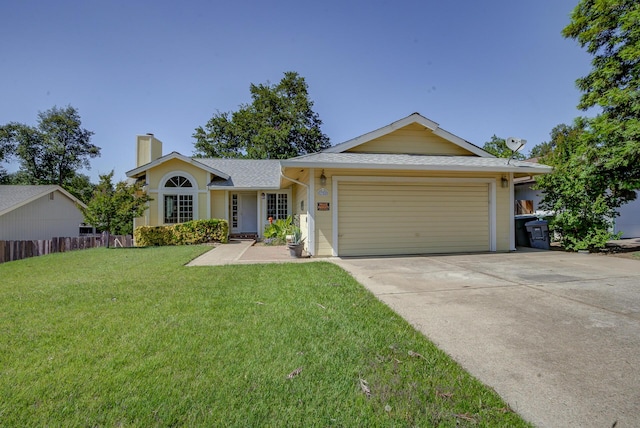 ranch-style home with a chimney, an attached garage, driveway, and roof with shingles