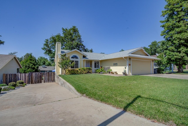 single story home with concrete driveway, a chimney, a garage, and roof with shingles