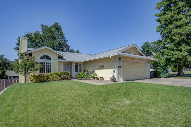 single story home featuring a garage, concrete driveway, a shingled roof, and a chimney
