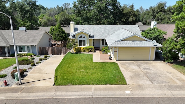 single story home with a chimney, a shingled roof, a garage, and driveway