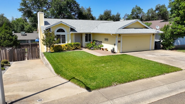 ranch-style house with a shingled roof, an attached garage, a chimney, and concrete driveway