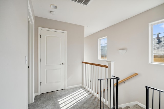stairs with carpet floors and baseboards