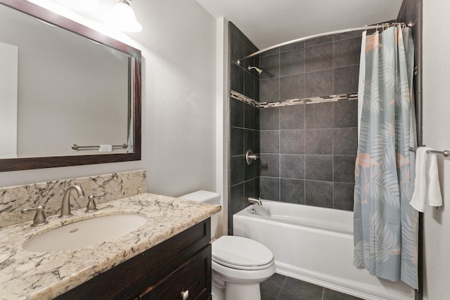 5165 Rancho Vista Way, Redding, CA 96002 - bathroom featuring shower / bath combination with curtain, toilet, vanity, and tile patterned flooring