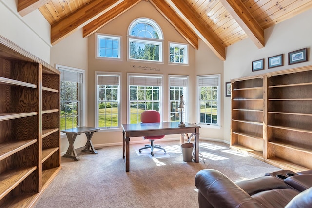 17917 Lakeshore Dr, Weed, CA 96094 - carpeted office featuring beam ceiling, high vaulted ceiling, baseboards, and wooden ceiling