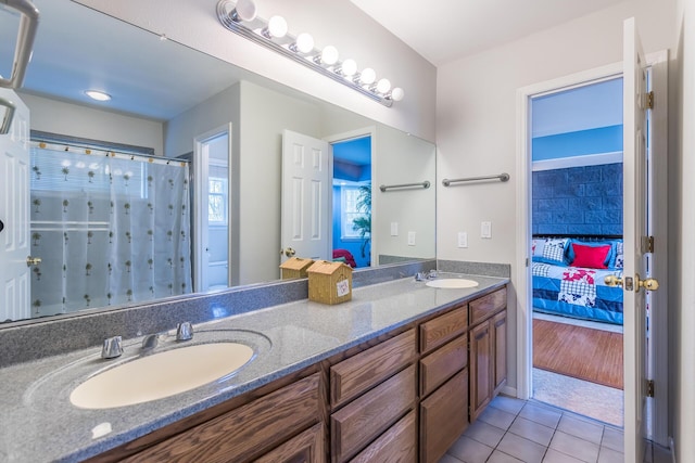 17917 Lakeshore Dr, Weed, CA 96094 - bathroom featuring connected bathroom, tile patterned floors, double vanity, and a shower with shower curtain