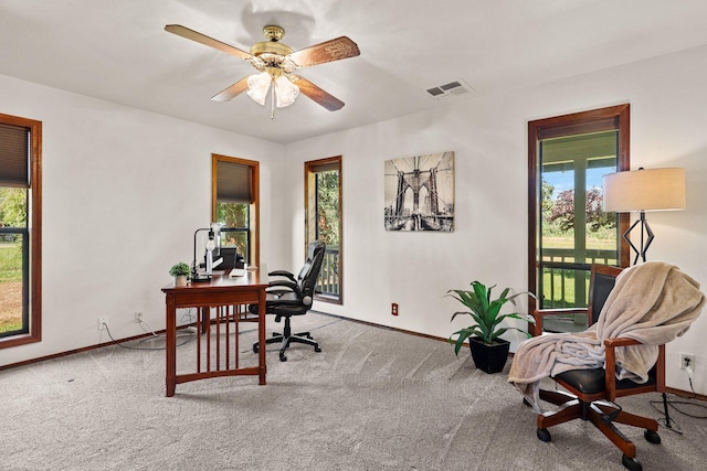 carpeted office space featuring plenty of natural light and baseboards