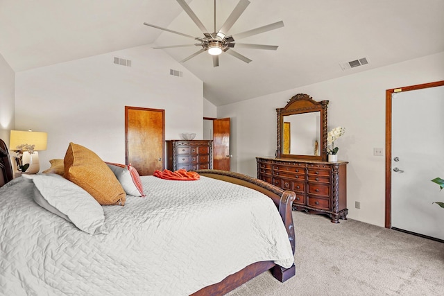 bedroom with light carpet, high vaulted ceiling, and a ceiling fan