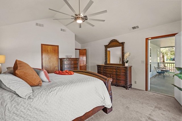 bedroom featuring carpet floors, access to exterior, ceiling fan, and high vaulted ceiling