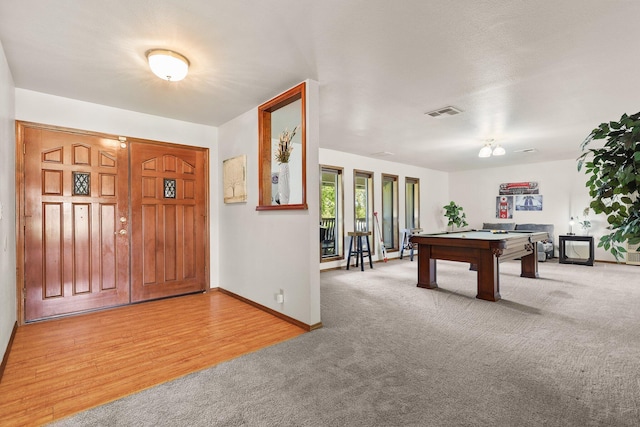 recreation room featuring carpet flooring, billiards table, and baseboards