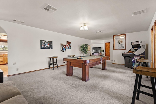 recreation room with billiards, carpet floors, baseboards, and arched walkways
