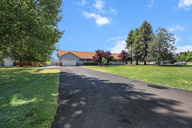 obstructed view of property with driveway, a garage, and a front lawn