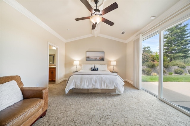 792 Bellagio, Redding, CA 96003 - bedroom with access to outside, light colored carpet, baseboards, vaulted ceiling, and crown molding