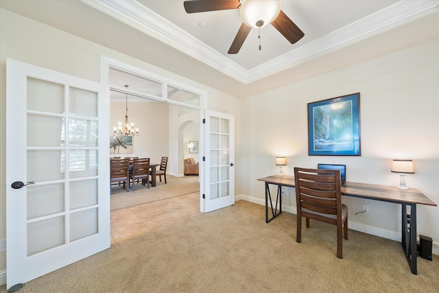 792 Bellagio, Redding, CA 96003 - office featuring french doors, ornamental molding, carpet floors, a chandelier, and arched walkways