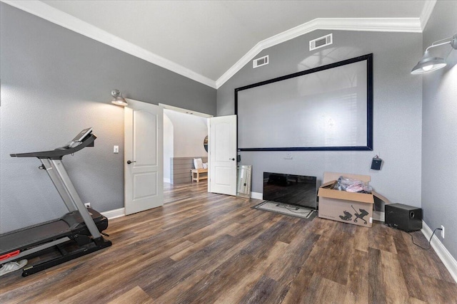 20030 Clay Ct, Cottonwood, CA 96022 - home theater room featuring lofted ceiling, wood finished floors, baseboards, and ornamental molding