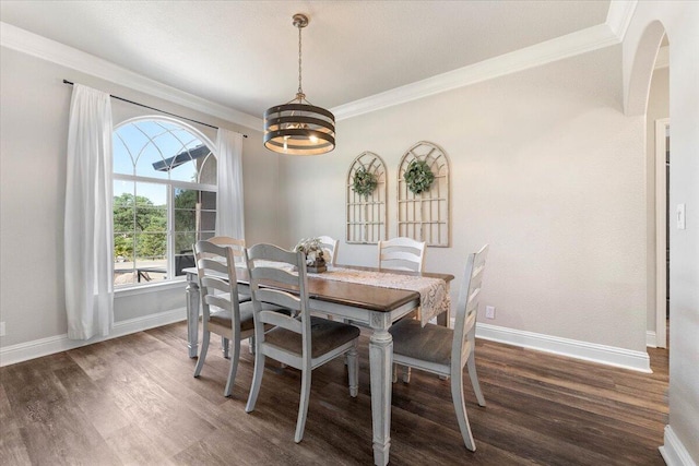 20030 Clay Ct, Cottonwood, CA 96022 - dining area with a chandelier, baseboards, dark wood-style floors, and ornamental molding