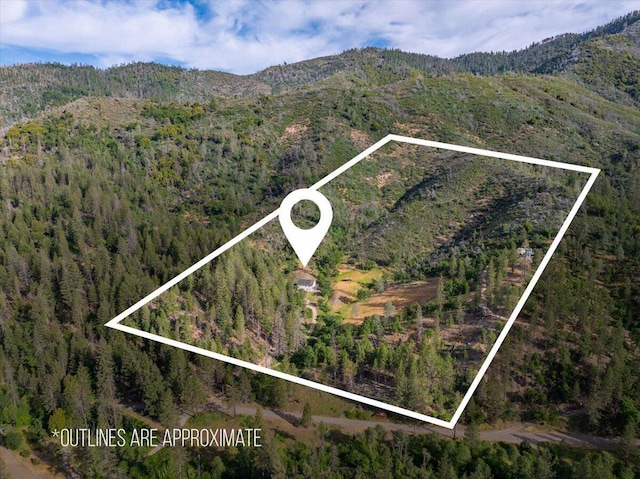 12876 E Fork Rd, French Gulch, CA 96033 - aerial view of property's location with a heavily wooded area, property parcel outlined, and a mountainous background