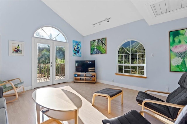 12876 E Fork Rd, French Gulch, CA 96033 - living area with lofted ceiling, track lighting, light wood finished floors, and baseboards
