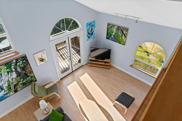 12876 E Fork Rd, French Gulch, CA 96033 - living area with french doors, rail lighting, wood finished floors, healthy amount of natural light, and vaulted ceiling