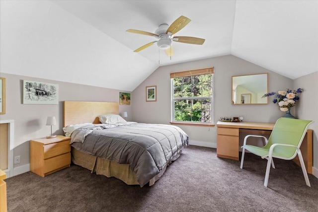 12876 E Fork Rd, French Gulch, CA 96033 - bedroom featuring lofted ceiling, baseboards, ceiling fan, and carpet floors