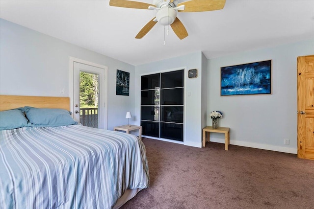 12876 E Fork Rd, French Gulch, CA 96033 - carpeted bedroom featuring access to exterior, a ceiling fan, and baseboards