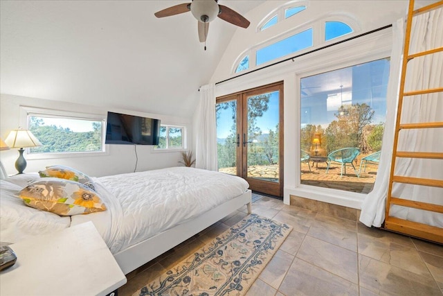 19028 Rocky Trl, Lakehead, CA 96051 - bedroom featuring access to outside, french doors, high vaulted ceiling, and a ceiling fan