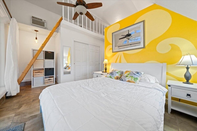 19028 Rocky Trl, Lakehead, CA 96051 - bedroom featuring a closet, a ceiling fan, and lofted ceiling