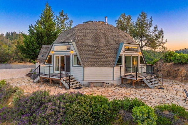 19028 Rocky Trl, Lakehead, CA 96051 - back of house with a shingled roof, a patio, stairs, and a wooden deck