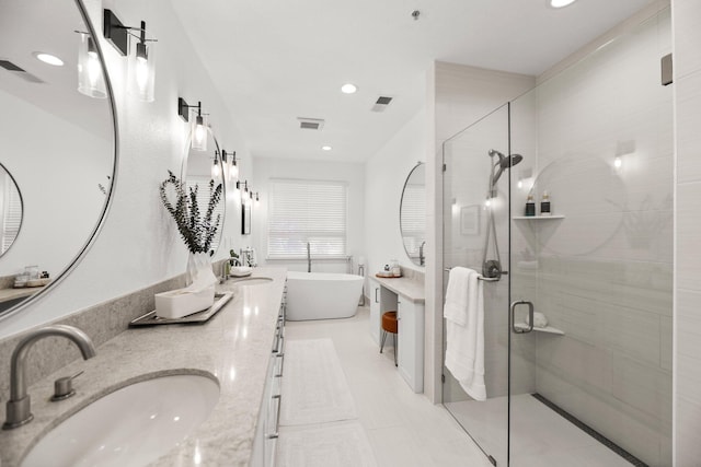 2154 Harvard Way, Redding, CA 96003 - bathroom featuring a soaking tub, a stall shower, recessed lighting, and double vanity