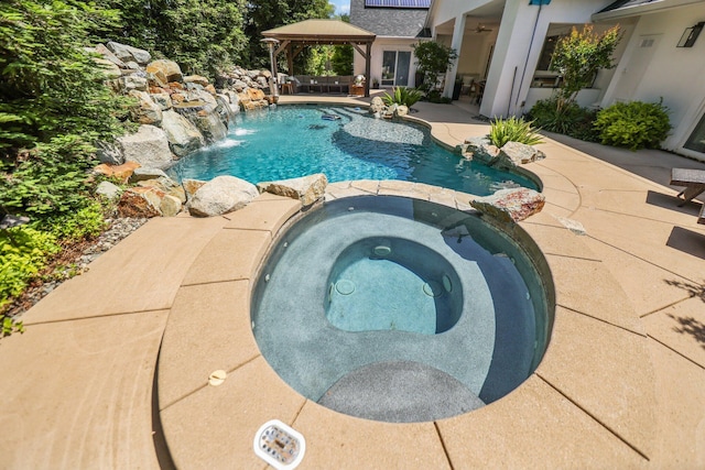 2154 Harvard Way, Redding, CA 96003 - view of swimming pool featuring a gazebo, a patio area, a pool with connected hot tub, and a ceiling fan
