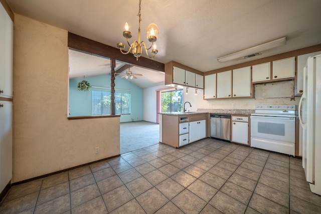 2683 Starlight Blvd, Redding, CA 96001 - kitchen with white appliances, a chandelier, white cabinetry, light countertops, and a ceiling fan
