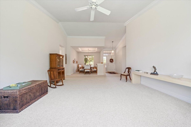 110 Agua Verdi Dr, Red Bluff, CA 96080 - living area featuring carpet flooring, ornamental molding, vaulted ceiling, a ceiling fan, and baseboards