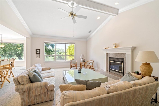110 Agua Verdi Dr, Red Bluff, CA 96080 - living area with light colored carpet, a fireplace, crown molding, a ceiling fan, and baseboards