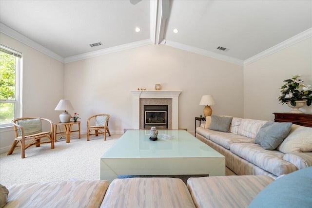 110 Agua Verdi Dr, Red Bluff, CA 96080 - living area featuring light colored carpet, a glass covered fireplace, baseboards, ornamental molding, and recessed lighting