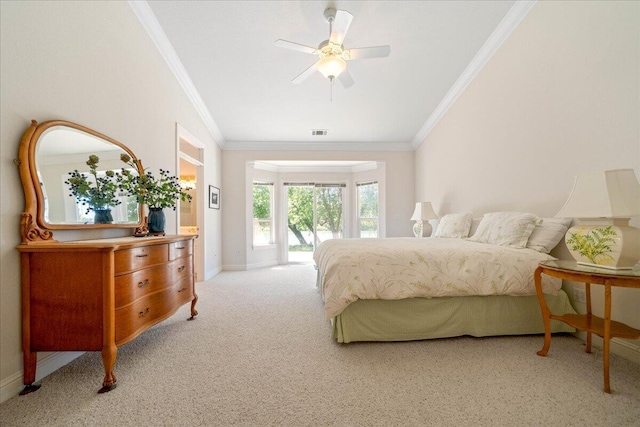 110 Agua Verdi Dr, Red Bluff, CA 96080 - carpeted bedroom featuring crown molding, access to outside, baseboards, and ceiling fan