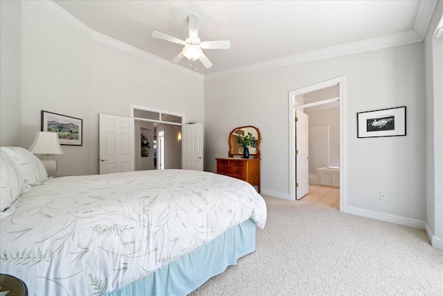 110 Agua Verdi Dr, Red Bluff, CA 96080 - bedroom with ornamental molding, light colored carpet, baseboards, ensuite bath, and ceiling fan