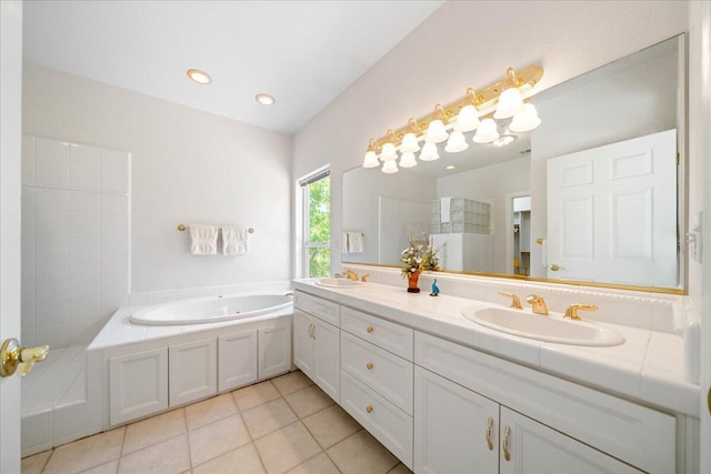 110 Agua Verdi Dr, Red Bluff, CA 96080 - bathroom with tile patterned flooring, a bath, double vanity, and recessed lighting