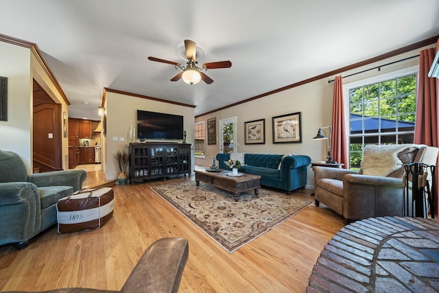 2990 Forest Hills Dr, Redding, CA 96002 - living room with crown molding, wood finished floors, and ceiling fan