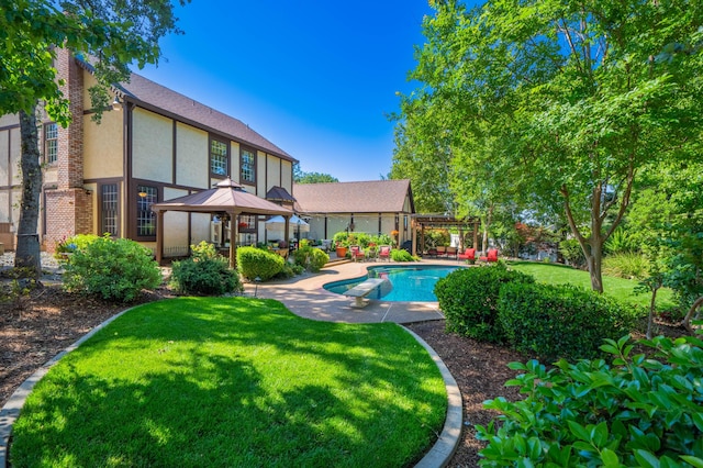 2990 Forest Hills Dr, Redding, CA 96002 - outdoor pool featuring a gazebo, a lawn, a pergola, and a patio