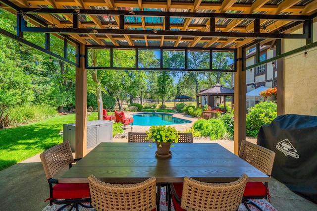 2990 Forest Hills Dr, Redding, CA 96002 - view of patio featuring a gazebo, outdoor dining area, and grilling area