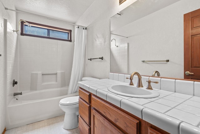 1152 Edgewood Dr, Redding, CA 96003 - bathroom with toilet, shower / bath combo with shower curtain, vanity, a textured ceiling, and a textured wall