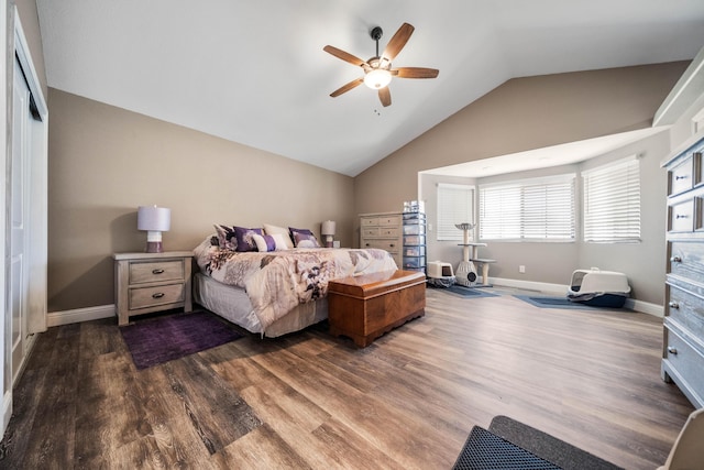 3608 Oasis Rd, Redding, CA 96003 - bedroom with vaulted ceiling, dark wood-style flooring, baseboards, and ceiling fan