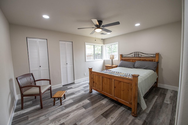 75 Sherman Dr, Red Bluff, CA 96080 - bedroom with recessed lighting, dark wood-style floors, baseboards, multiple closets, and a ceiling fan
