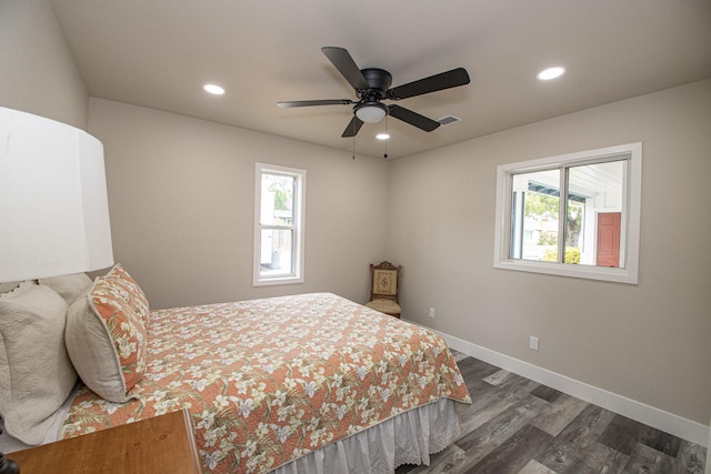 75 Sherman Dr, Red Bluff, CA 96080 - bedroom featuring wood finished floors, baseboards, recessed lighting, and ceiling fan