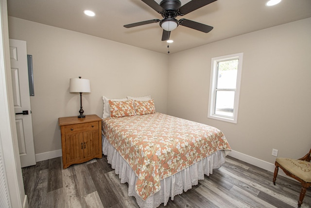 75 Sherman Dr, Red Bluff, CA 96080 - bedroom featuring baseboards, recessed lighting, wood finished floors, and ceiling fan