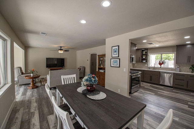 75 Sherman Dr, Red Bluff, CA 96080 - dining space with dark wood finished floors, recessed lighting, and a ceiling fan